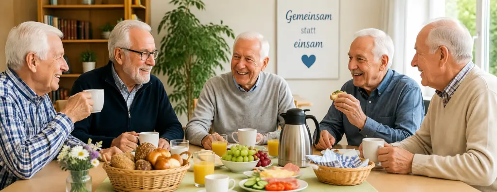 Mehrere ältere Männer sitzen gemeinsam beim Frühstück in der Tagespflege Berlin und lachen miteinander – Gemeinschaft statt Einsamkeit im Alter