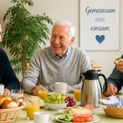 Mehrere ältere Männer sitzen gemeinsam beim Frühstück in der Tagespflege Berlin und lachen miteinander – Gemeinschaft statt Einsamkeit im Alter