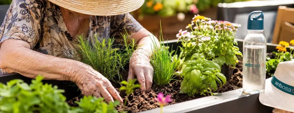 Ältere Person mit Sonnenhut pflanzt Kräuter im Hochbeet und achtet auf ausreichenden Hitzeschutz im Sommer