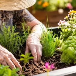 Ältere Person mit Sonnenhut pflanzt Kräuter im Hochbeet und achtet auf ausreichenden Hitzeschutz im Sommer