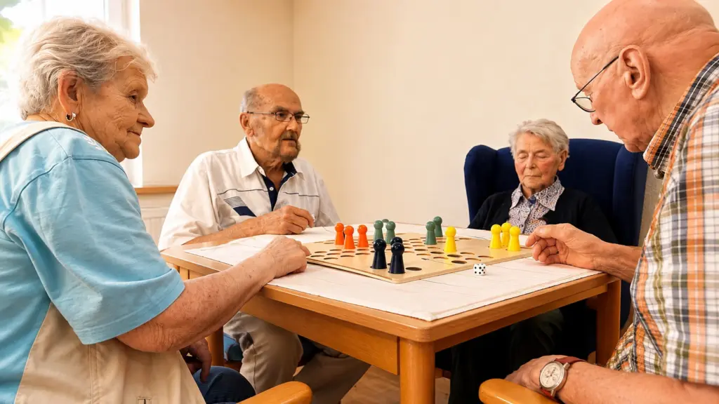 Seniorinnen und Senioren spielen gemeinsam altersgerechtes Mensch ärgere dich mit großen Holzfiguren in der Tagespflege Palisadenstraße.